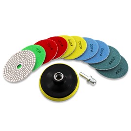 KURSTOL Diamond Polishing Pads Set - 10pcs 100mm Wet Countertop Polishing pads+1pc Backer Pad of Plastic Body+1pc Adapter M14 Thread to Round Shank for Granite Quartz Stone Marble