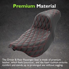 Mofun Motorcycle Driver Passenger Seat One-Piece Two Up Seat PU Leather Compatible with Harley Touring Road King Road Electra Street Glide 2008-2023, Red Stitching