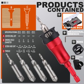 Metal Countersink Drill Bit Set 9-in-1 with Depth Stop, 4 Reversible Heads & Vertical Pilot Adjustable - Hex Shank for Hardened Steel/Woodworking, Hex Key & Chamfer Tool Includ