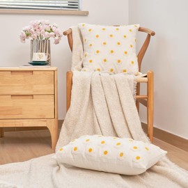 PuTian Flower Throw Pillow Cover Pack of 2 Daisy Decorative Spring Summer Lumbar Cushion Cases for Farmhouse Home Decor Sofa Couch Living Room Bedroom Cotton Linen Blend (18x18 & 12x20), Creamy White