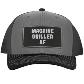 Machine Driller AF - Leather Black Patch Engraved Trucker Hat, Grey-Steel, One Size