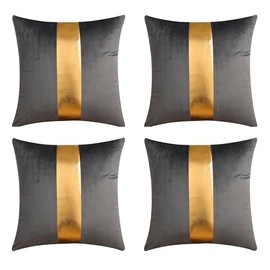 Gyulin Pack of 4,18x18 Inch Velvet Throw Pillow Covers with Gold Leather Striped Patchwork Stitching Modern Minimalist Square Pillowcase Cushion Covers for Bedroom Sofa Couch Living Room, Grey/Gray