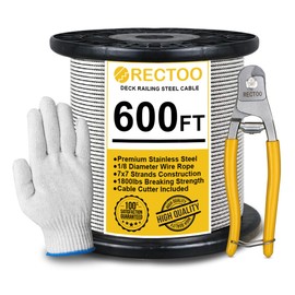 RECTOO 600FT 1/8" T316 Stainless Steel Cable with Cutter, 7x7 Strands Aircraft Wire Rope for Deck Railing, Stair Handrail, Porch Fence, High Strength for Indoor and Outdoor Use
