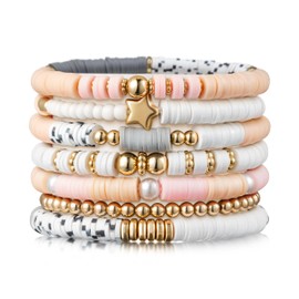Y1tvei 7Pcs Heishi Surfer Bracelets Set Pink Grey Preppy Smile Evil Eye Beaded Happy Stretch Bracelets Clay Stackable for Women Girls Boho Disc Party Gifts Y2k Aesthetic Summer Beach Jewelry Kit