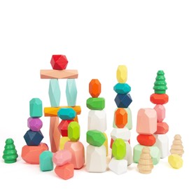 WOODENFUN 48 PCS Wooden Sorting Stacking Rocks Stones,Sensory Toddler Toys Learning Montessori STEM Toys, Building Blocks Game for Kids 3-6 Years Boy and Girl Birthday Gifts for Kids