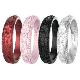 Zollen Silicone Wedding Rings for Women 4 Packs -Stackable Silicone Rubber Wedding Bands - Innovative Flower & Vine Collection, size 5