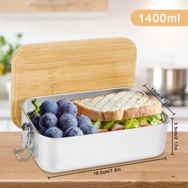 Lunch Box Stainless Steel Lunch Box Adult Children 1400 ml Lunch Box Metal with Wooden Lid BPA Free Lunch Box Bento Box Breakfast Box Lunch Box for School Trips Nursery