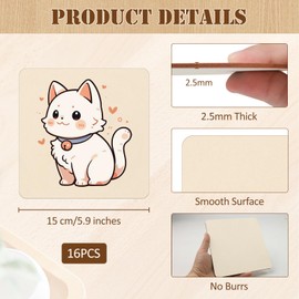 16Pcs Unfinished Blank Wood Pieces, 15cm x 15cm Natural Wooden Cutouts Ornaments, Natural Slices Sheets, Poplar Wood Sheets for Burning and Laser Projects, Arts and Crafts, Wood Engraving