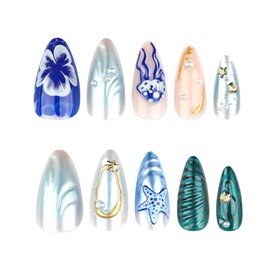 MERVF Almond Press on Nails Medium Blue Fake Nails 3D Shell Starfish Design Glue ons Stiletto Ocean Beach Acrylic Pearls False Nails for Women Glossy 24pcs