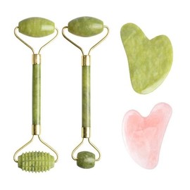 Natural Gemstone Facial Massager Jade/Rose Quartz Body Lifting Gua Sha Roller Option 5 (Spiked Set) 2ea