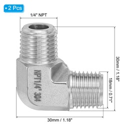 PATIKIL 90 Degree Barstock Street Elbow 1/4" NPT Male, 2 Pcs 304 Stainless Steel Forged Pipe Fitting for Air Fuel Oil Water Pipe Hose, Silver