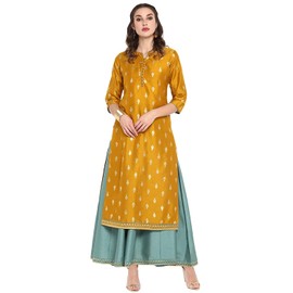 Janasya Indian Women's Silk Blend Mustard Foil Print Festive Wear Ethnic Dress for Women
