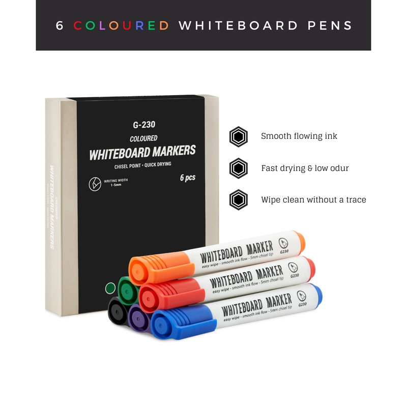 Magnetic Innovations Pack of 6 Coloured Dry Wipe Whiteboard Marker