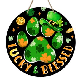 Deroro St Patricks Day Dog Cat Paw Prints Front Door Sign, Lucky Blessed Black Wood Door Hanger Outdoor Outside Porch Decor, Spring Irish Shamrock Clover Wooden Wreath Indoor Wall Hanging Decoration