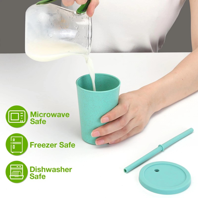Mfacoy 4 Pack Wheat Straw Cups with Lid and Straws