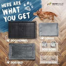 BOWHAUS 30-Inch Single Door Dog Crate Kit Includes Crate Cover, Dog Bed & 2 Bowls and Bowl Racks, Indoor Dog Cage Bundle Set, Foldable Wire Metal Dog Kennel w/Pan for Small, Medium Dog