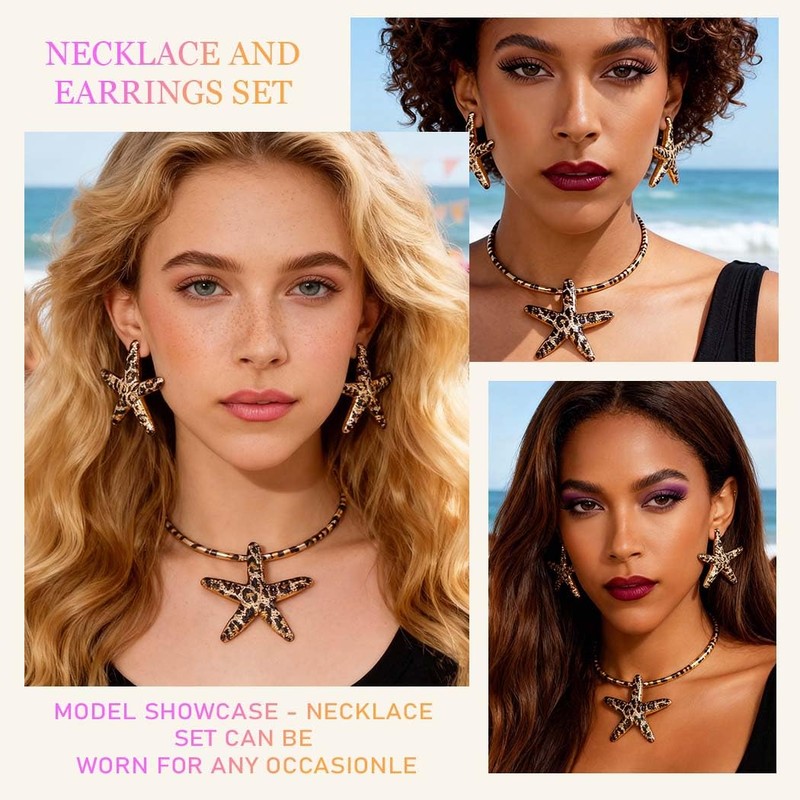 Dmaiy Leopard Print Starfish Necklace Earring Set Gold Statement Choker
