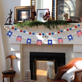 4th of July Patriotic Banner, Patriotic Wooden Bead Garland for Mantle, 4th of July Felt Flag Garland Red White Blue Banner for Independence Day 4th of July Memorial Day Patriotic Decorations, 2Pcs