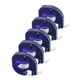 Replacement for DYMO Letratag 200B Label Tape White Plastic 12mm x 4m 1/2'' x 13', 91331 91331s for LT-100H LT-100T XR QR Letra tag Label Maker Refills, Black on White, 5 Packs