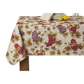 Violet Linen European Vinyard Grapes Printed Design Tablecloth, 60 in x 120 in, Beige