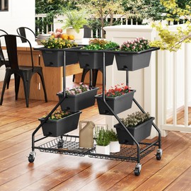 Giantex Rolling Raised Garden Bed w/ 7 Planter Boxes, Storage Baskets, Drainage Holes, 4 Lockable Casters, 3-Tier Freestanding Elevated Planter for Strawberry Vegetable Flower Herb
