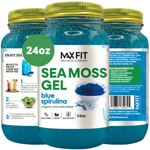 Max Fit Sea Moss Gel Organic Raw (12 Flavors) 24oz Wildсrafted Gold Sea Moss Gel from Saint Lucia | 92 Vitamins and Minerals | Pure Raw+Non-GMO | Vegan Superfood