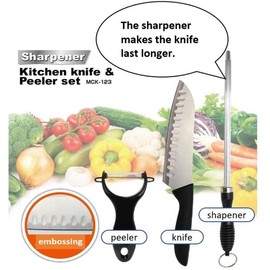 3-piece kitchen knife set with original dish towel (Santoku knife, sharpener, peeler set) MCK-123