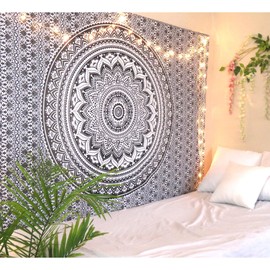 THE ART BOX Hippie Mandala Wall Hangings Ombre Large Tapestry Grey and White - 85x90 inch Indian Cotton Beach Throw Wall Blanket Bohemian Decor Tapestrys - Bedroom Aesthetic Tapestries