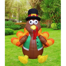 BZB Goods 4 FT/48″ LED Light-Up Thanksgiving Inflatable Turkey with Pilgrim Hat & Stakes — Outdoor Yard Garden Blow-Up Décor for Thanksgiving & Fall Harvest Holiday