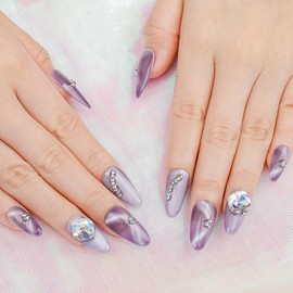 Sethexy Short Almond Press on Nails Cat Eye Gradient Fake Nail Rhinestones Glitter False Nails Crystal Reusable Glue on Nails for Women and Girls 10Pcs