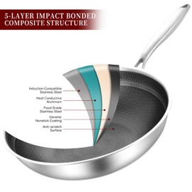 LOLYKITCH Hybrid 10 Inch Tri-Ply Stainless Steel Wok Pan with Lid,Ceramic Non Stick Stir Fry Pan,Induction Cooking Pan,Dishwasher and Oven Safe,Riveted Handle