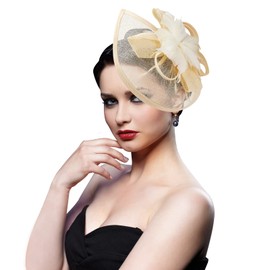 DRESHOW Fascinator Hats Tea Party Hat Vintage Pillbox Hat Headband Cocktail Headwear for Girls and Women, Feather flower-beige