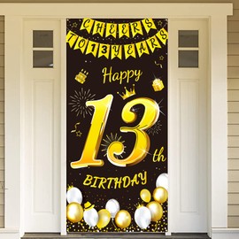 DPKOW Black Gold 13th Birthday Decoration for Boy Girl, Black Gold 13th Birthday Banner for Background Door Decoration, 13th Birthday Door Banner for Garden Table Wall Decoration, 185 x 90 cm Fabric