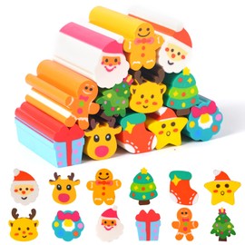 Wolpark 12pcs Large Christmas Erasers for Kids 3D Long Christmas Pencil Erasers Reindeer Santa Fun Erasers Bulk for Xmas Classroom Rewards Winter Kids Prizes Party Favors Goodie Bag Stuffers