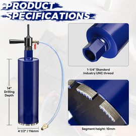 DaduoRi 4-1/2" Pro Core Drill Bit with SDS Plus Water Injection Adapter(1-1/4"-7 UNC),14" Depth Upgraded Welded Wet Core Bits for Concrete with Rebar, Brick, Masonry, Mortar (Include Water Hose Kit)