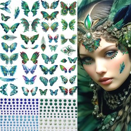 14 Sheets Glitter Butterfly Temporary Tattoos Sticker Green Peacock Feather Waterproof Fake Tattoo Stickers with Self Adhesive Rhinestone Pearl Face Eye Makeup Party for Women
