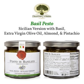 Frantoi Cutrera Classic Basil Pesto Sauce for Pasta and Bruschetta Topping, Creamy Italian Spread With Basil, Pistachio, Almonds, and EVOO, Product of Sicily, Italy Glass Jar, 6.7 oz (190g)