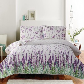 Reversible Daffodil Quilt Full/Queen Purple Green Floral Leaves Bedspread Lightweight Soft Flower Bedding Summer Botanicals Coverlet Blanket Very Peri Home Decor