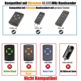 Set of 2 Garage Door Openers Hand Transmitter Compatible with Hörmann 40.685 MHz Grey Buttons HSM2-40, HSM4-40, HSE2-40, HSE4-40, HS2-40, HS4-40 Remote Control