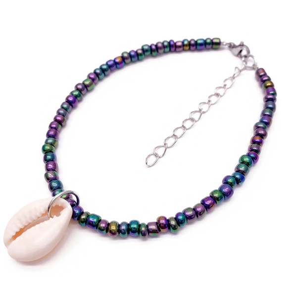 Cowrie Shell ANKLET Dark AB Shimmer Color Glass Seed Beads