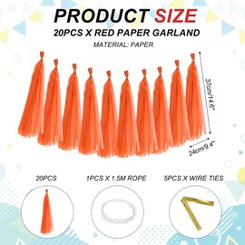 sourcing map 20Pcs Tassel Garland Banner Tissue Paper for Streamers Party Decorations, Valentine's Day Birthday Decor for Women with Rope and Tie Wire (Orange, 14.6Inch)