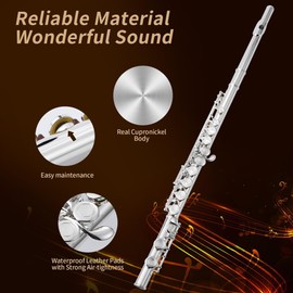 MoResolune C Flute Closed Hole 16 Key for Beginner Student Silver Flute with Carrying Case Stand Gloves Cleaning Cloth for School Band Instruments