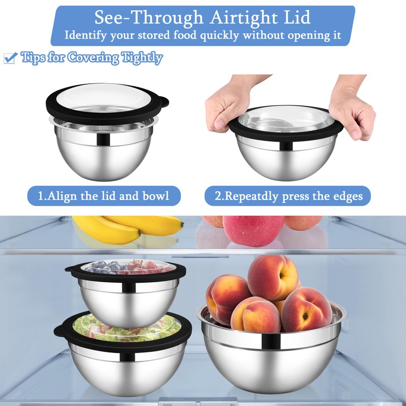 LIANYU Mixing Bowls Sets of 3, Stainless Steel Metal Nesting