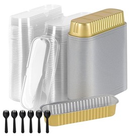 MUKSEUT 100 Pcs Mini Loaf Tins with Lids and Spoons, 200ml Rectangle Aluminum Foil Bakeware for Wedding Birthday Picnic (Gold)