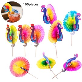 Limeow Cocktail Decoration Sticks Pack of 100 Colour Mix Parties Drink Sticks Cocktail Paper Decoration Sticks Cocktail Drink Sticks Peacock for Cocktail Tropical Drinks Fruit Label