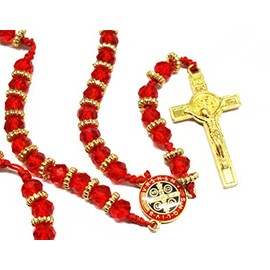 Ooki Red Gold Saint St. Benedict Medal and Cross Rosary San Benito Crucifix Rosario Prayer Crystal Bead Medallion Necklace Party Favor Gift Pray