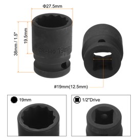 sourcing map 1/2" Drive x 19mm Shallow Impact Socket 12-Point Metric CR-MO Steel Nut Impact Grade Socket for Auto Repair