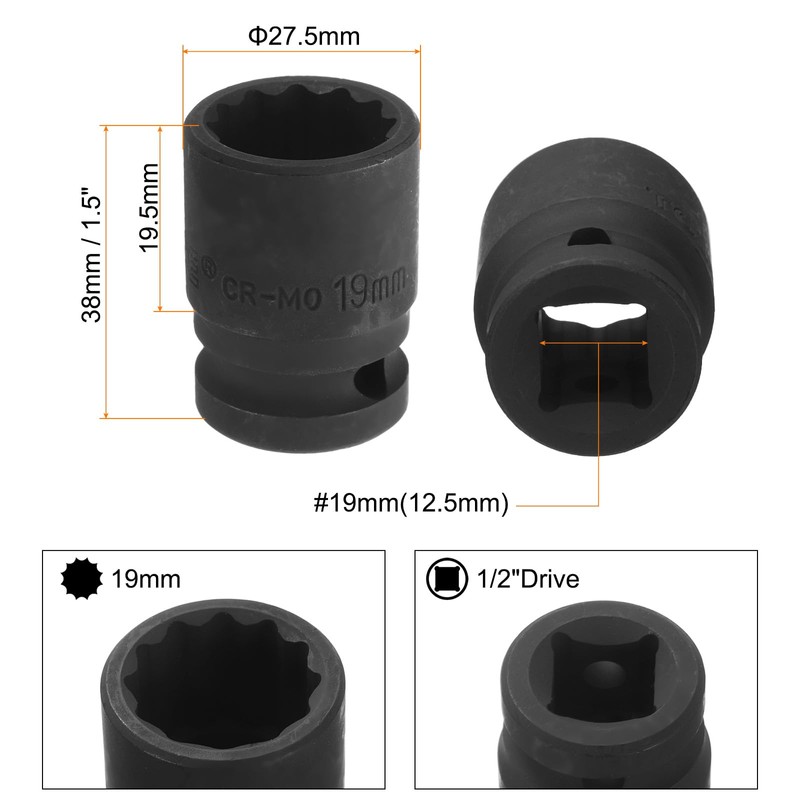sourcing map 1/2" Drive x 19mm Shallow Impact Socket 12-Point