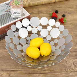 OwnMy Silver-Gray Metal Fruit Bowl Basket Creative Fruit Stand Round Fruit Tray Decorative Home Kitchen Countertop Fruit Holders, Iron Large Fruit Plate Round Storage Tray for Breads Snacks Candy