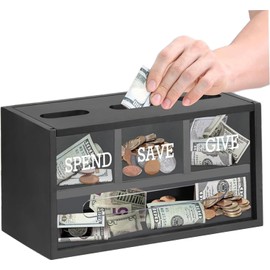 Save Spend Give Bank para, Caja de Ahorro de Dinero Madera con 3 Compartimentos, Soporte Pared y Banco Dinero para encimera Bonito y práctico Procesamiento excelente